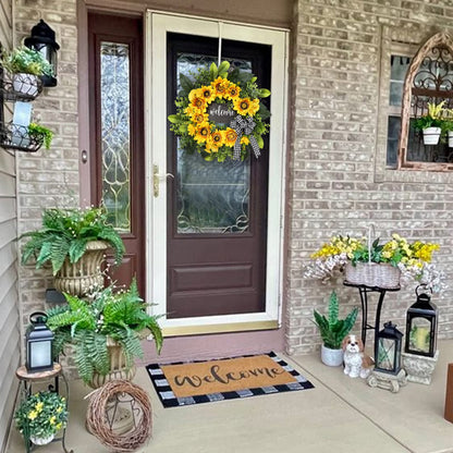 🌻Fall Sunflower Welcome Wreath, Rustic Buffalo Plaid Wreath for Front Door Harvest & Thanksgiving Decor
