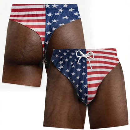 😂🇺🇸 Funny Illusion American Flag Swim Shorts – Double Take Patriotic Beach Shorts for Men 🌊