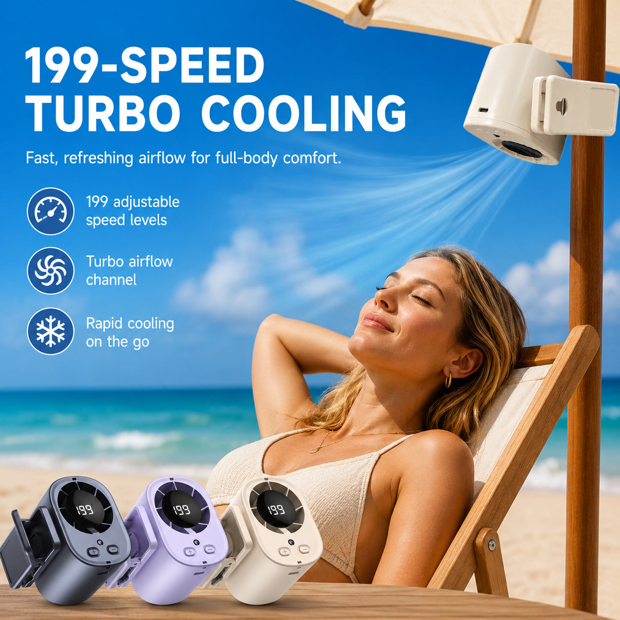 ❄️199-Speed USB Rechargeable Clip-On Fan – Portable, Strong Clamp, Long-Lasting Battery for Car, Desk & Travel