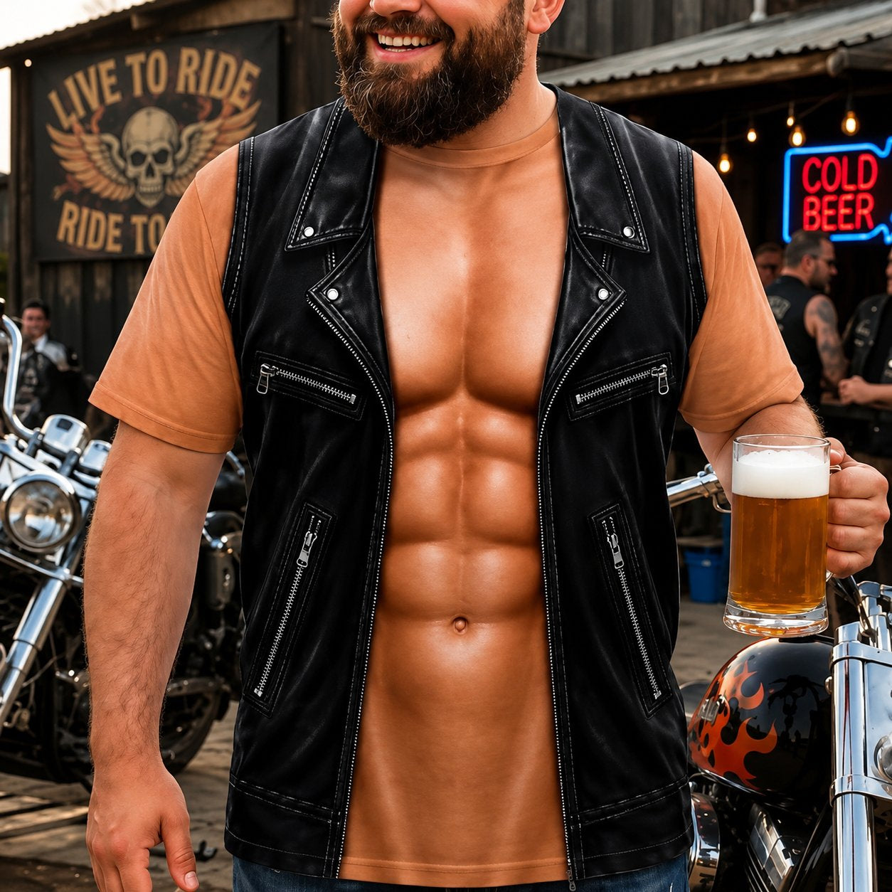 😎3D Illusion Six-Pack Abs Biker Vest T-Shirt | Funny Gag & Streetwear Tee