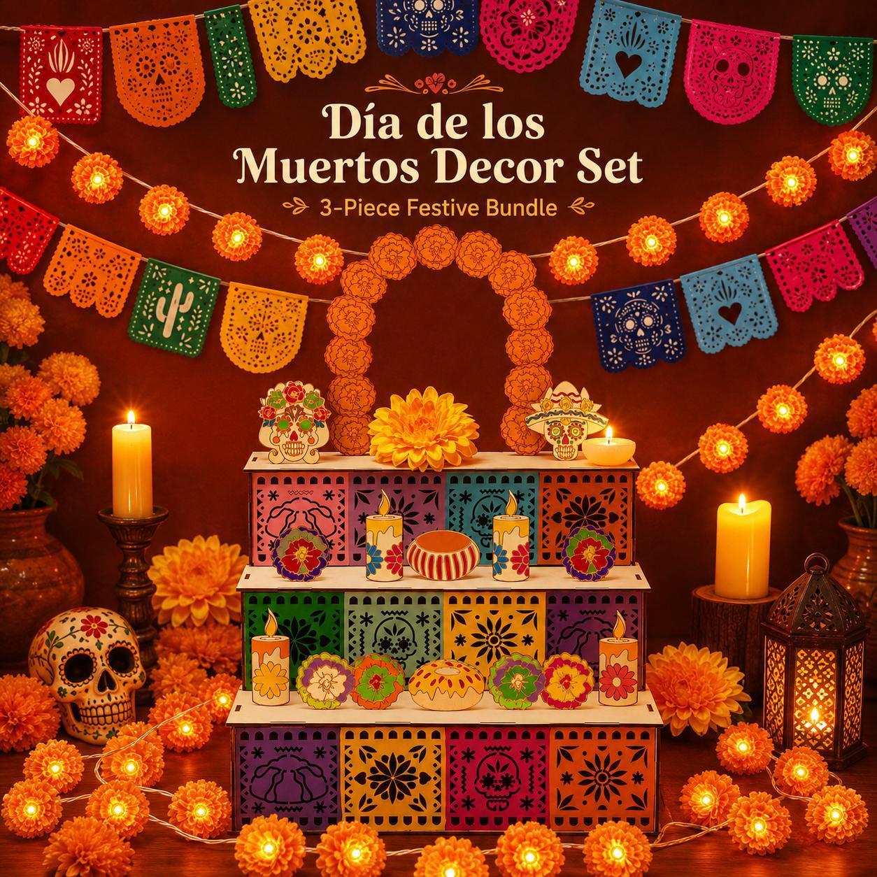 💀3‑Tier Wooden Day of the Dead Ofrenda Altar Set, Complete Decor Kit with Skull, Marigolds, Candles & Papel Picado