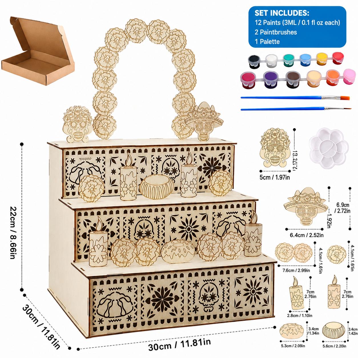 💀3‑Tier Wooden Day of the Dead Ofrenda Altar Set, Complete Decor Kit with Skull, Marigolds, Candles & Papel Picado