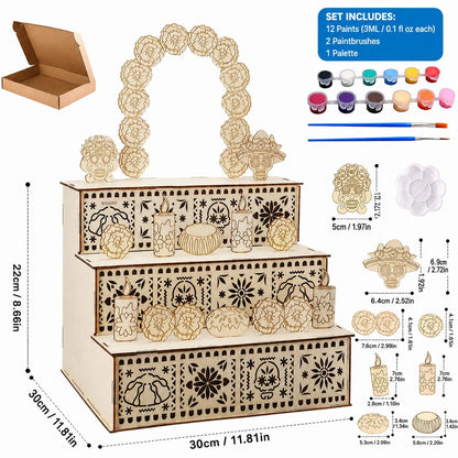 💀3‑Tier Wooden Day of the Dead Ofrenda Altar Set, Complete Decor Kit with Skull, Marigolds, Candles & Papel Picado