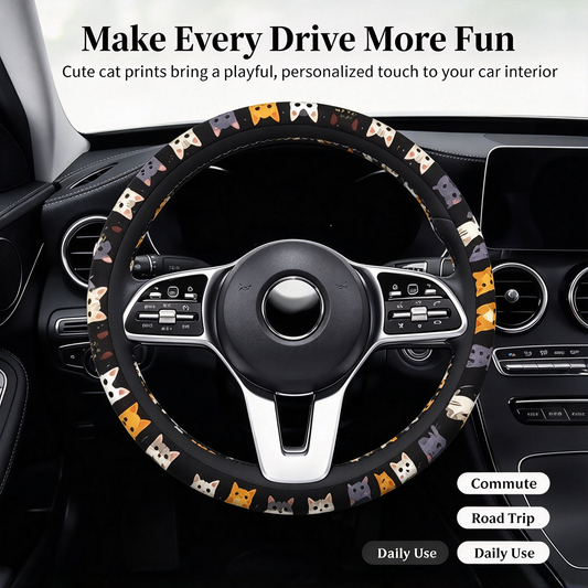 Cute Cat Pet-Themed Pattern, Single-Pack Car Steering Wheel Cover 🐾