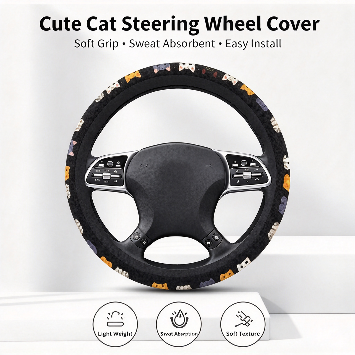 Cute Cat Pet-Themed Pattern, Single-Pack Car Steering Wheel Cover 🐾