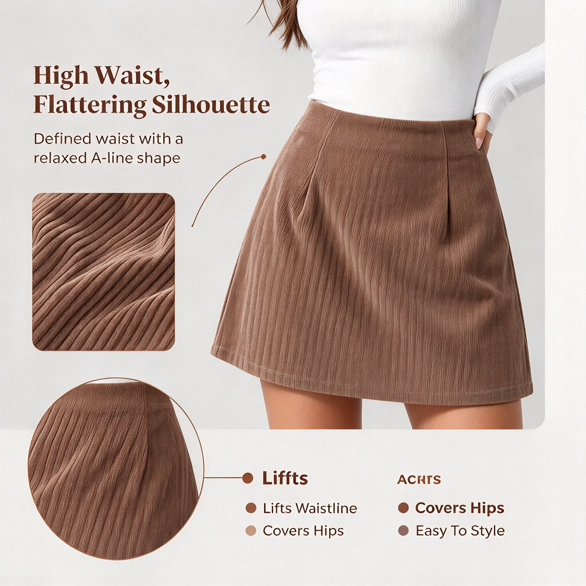High Waisted Invisible Zipper 2-in-1 Mini A-line Corduroy Casual Skirt 🤎