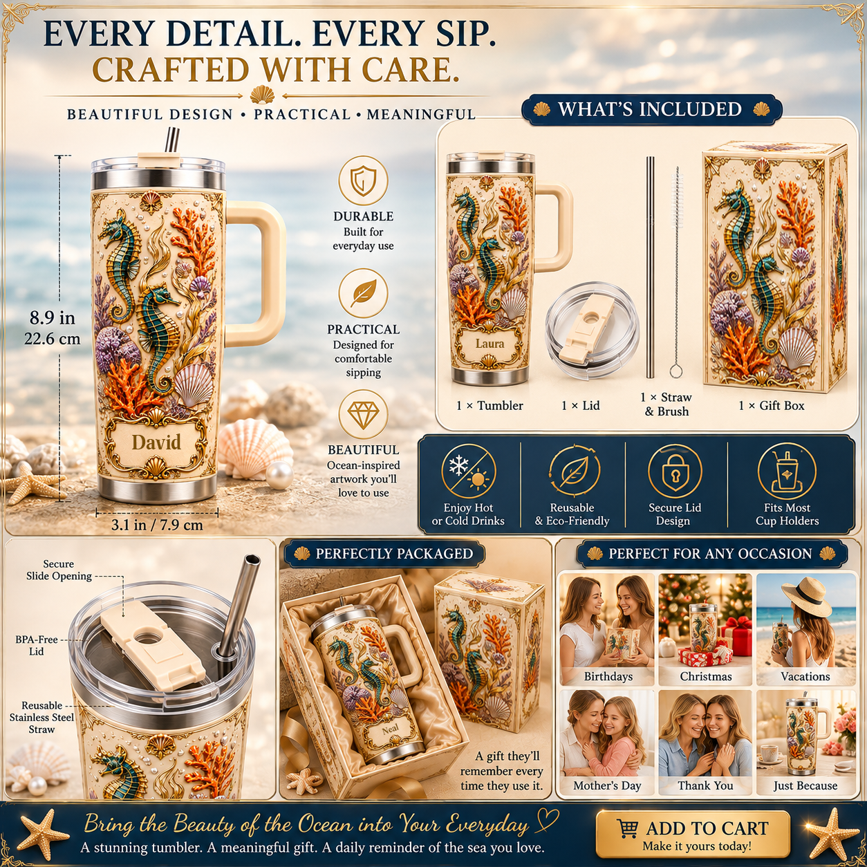 Vintage Seahorse Ocean Tumbler with Gift Box