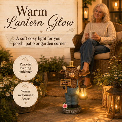 Handcrafted Highland Cow Solar Garden Lantern Statue