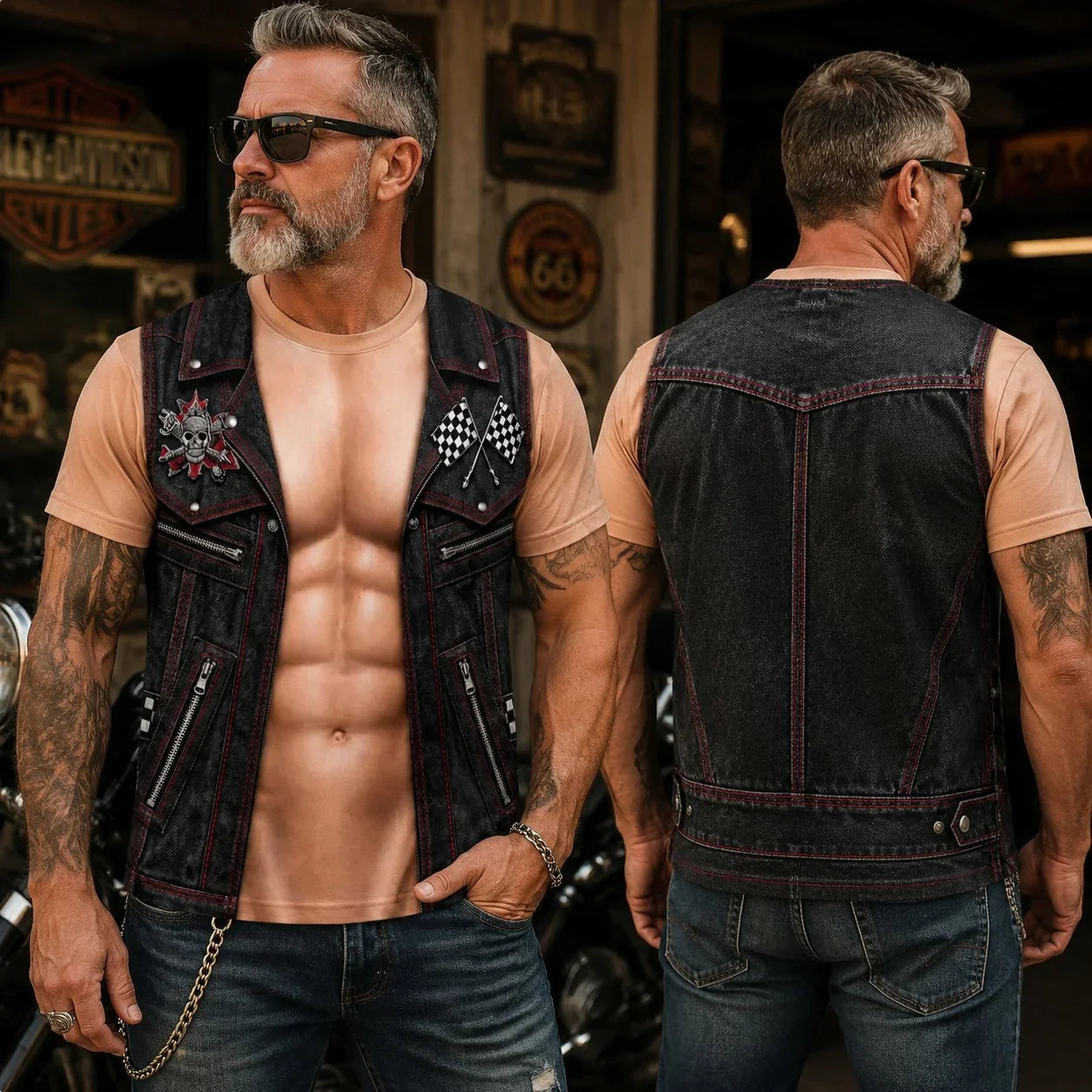 😎3D Illusion Six-Pack Abs Biker Vest T-Shirt | Funny Gag & Streetwear Tee