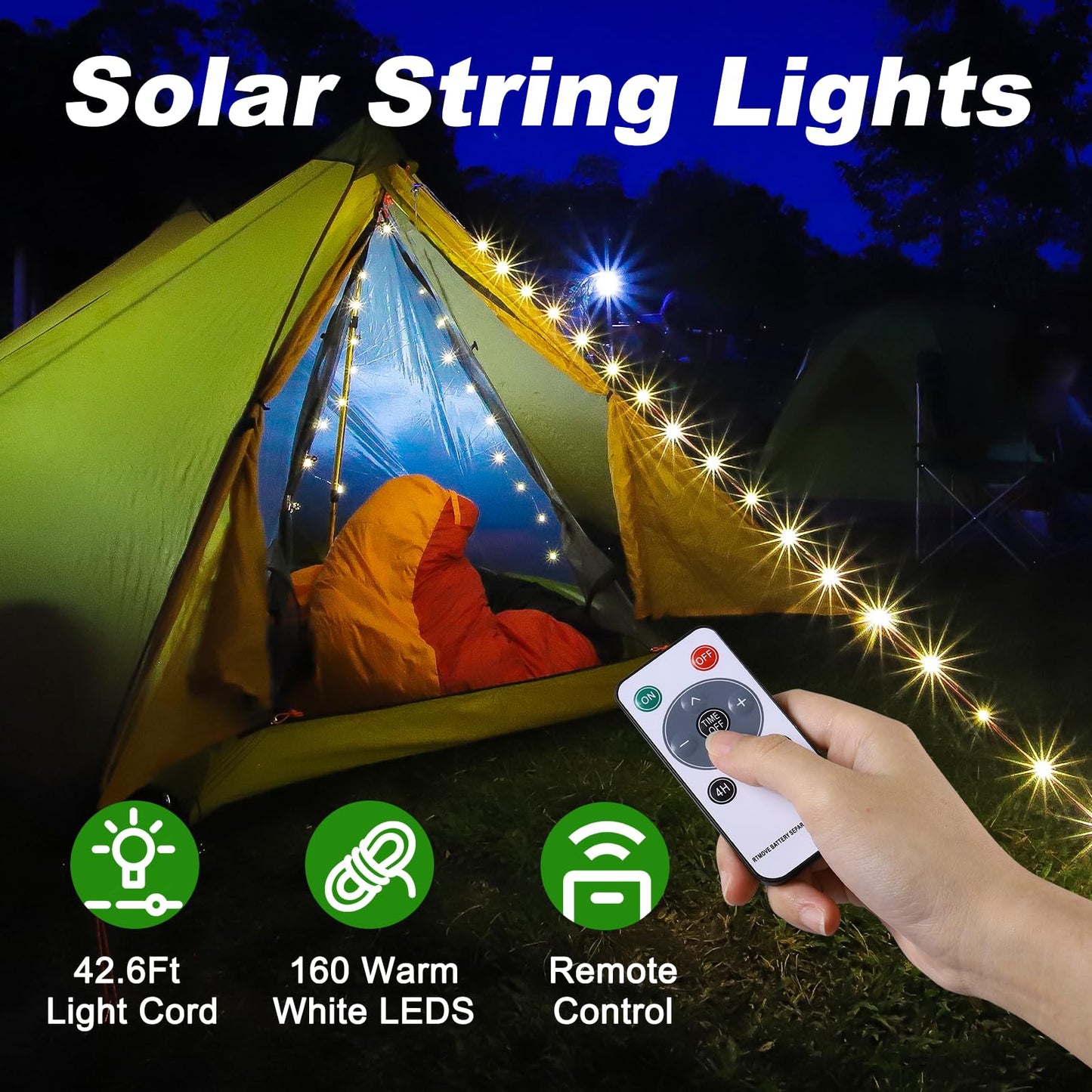 4-in-1 Solar Camping String Lights – 42.6 Feet of Glow, 160 LED Bulbs, Solar or USB Rechargeable, Remote-Controlled, and Ready for Camping, Hiking, or Just Making Your Tent Look Awesome!