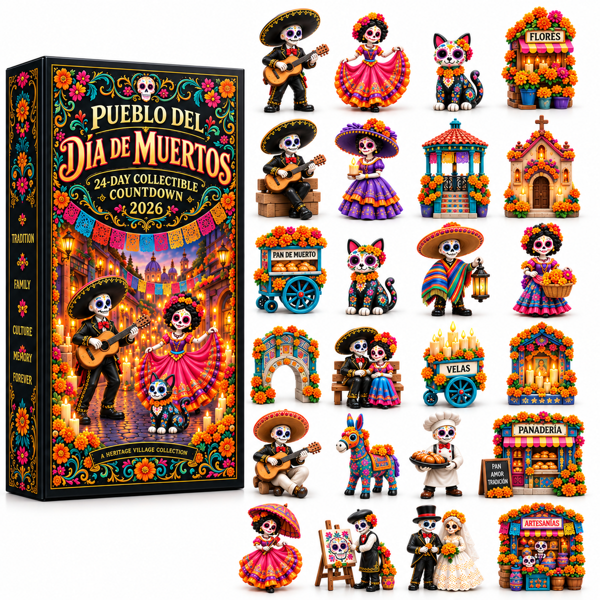 💖Pueblo del Día de Muertos 2026 Countdown Calendar with 24 Unique Miniatures