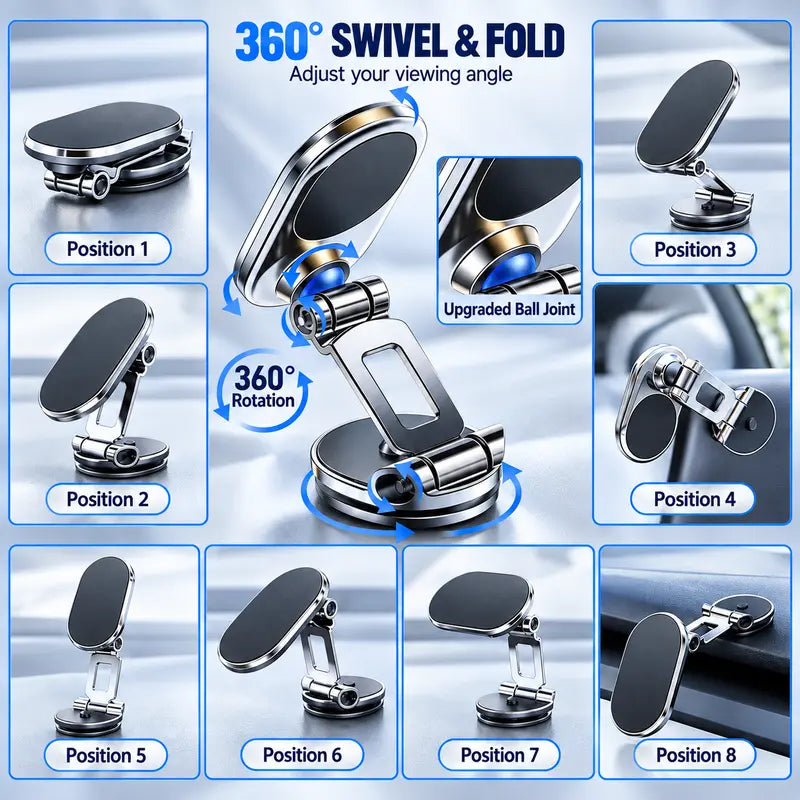 Foldable Magnetic Car Phone Holder, Zinc Alloy 360° Rotating Dashboard Mount