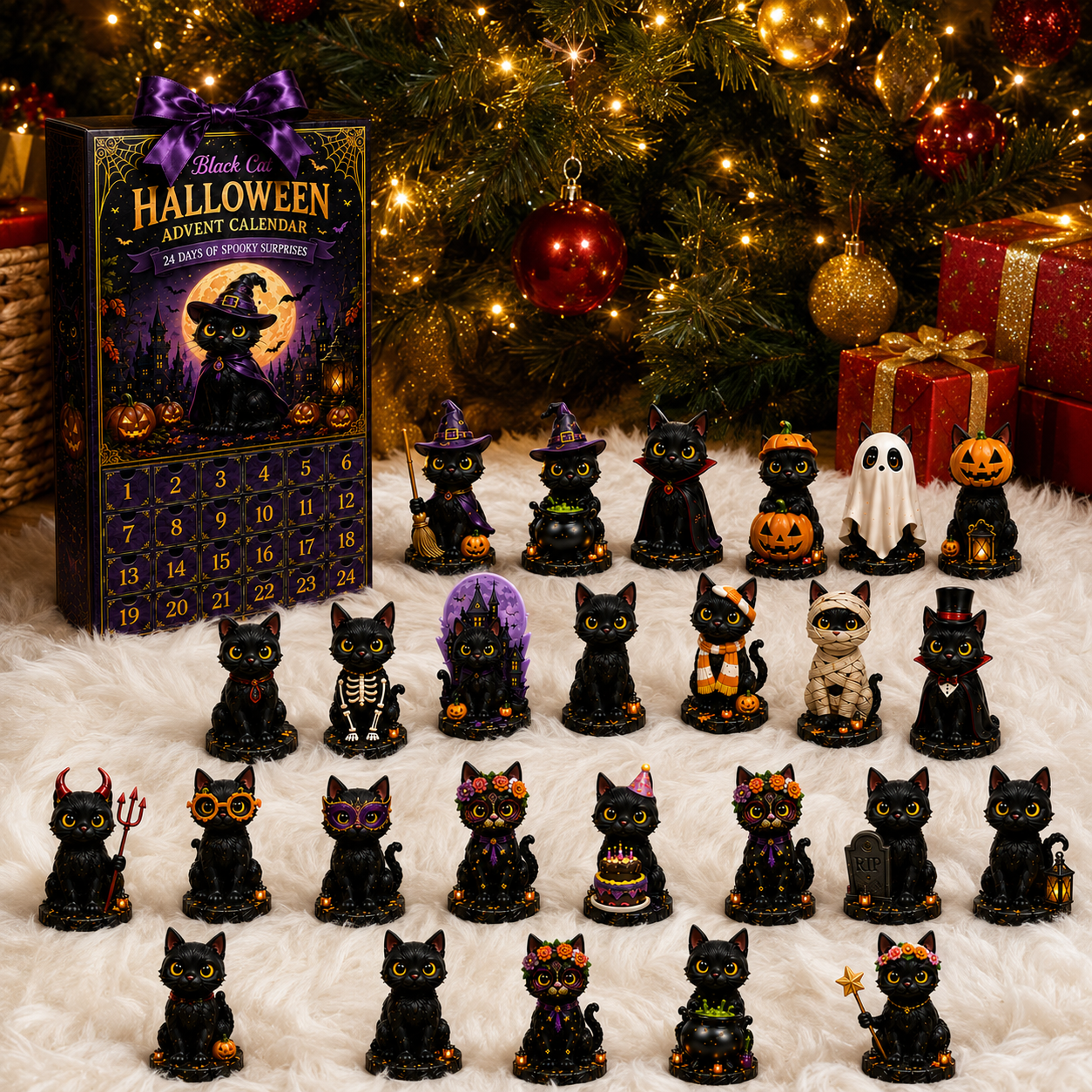 🔥Last 30 pcs✨⏰ Limited anniversary edition✨24-Day Christmas Countdown Advent Calendar –Halloween black cat Ornament