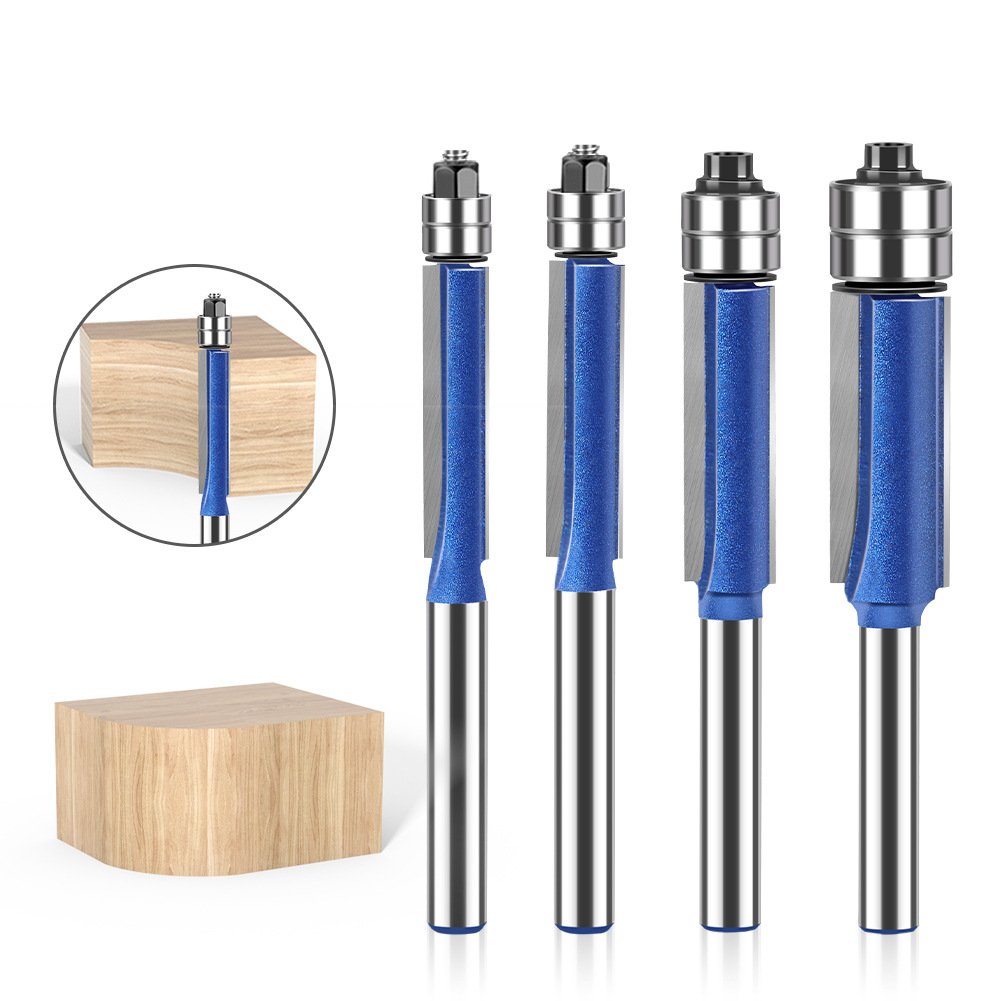 4 Piece Dual Bearing Flush Trim Router Bit Set, 1/4 Inch Shank Edge Trimming Tool for Woodworking, Deburring & Polishing