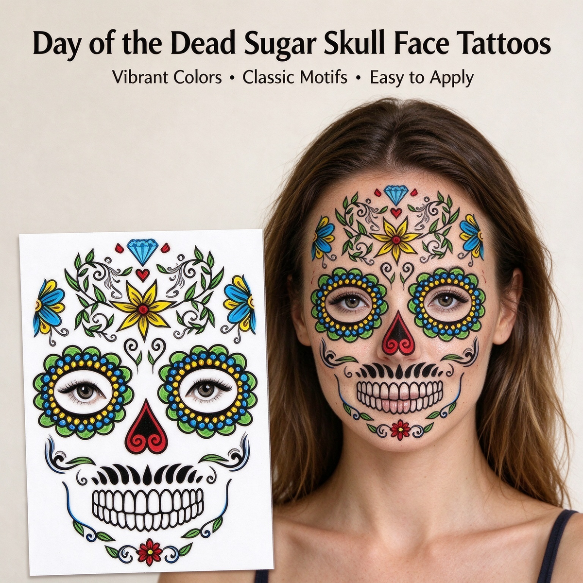 Mexican Dia De Los Muertos Temporary Face Tattoos - Sugar Skull Floral Face Decals 🎭