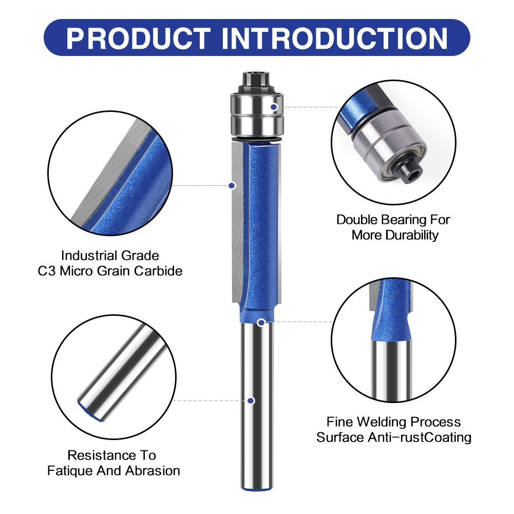 4 Piece Dual Bearing Flush Trim Router Bit Set, 1/4 Inch Shank Edge Trimming Tool for Woodworking, Deburring & Polishing