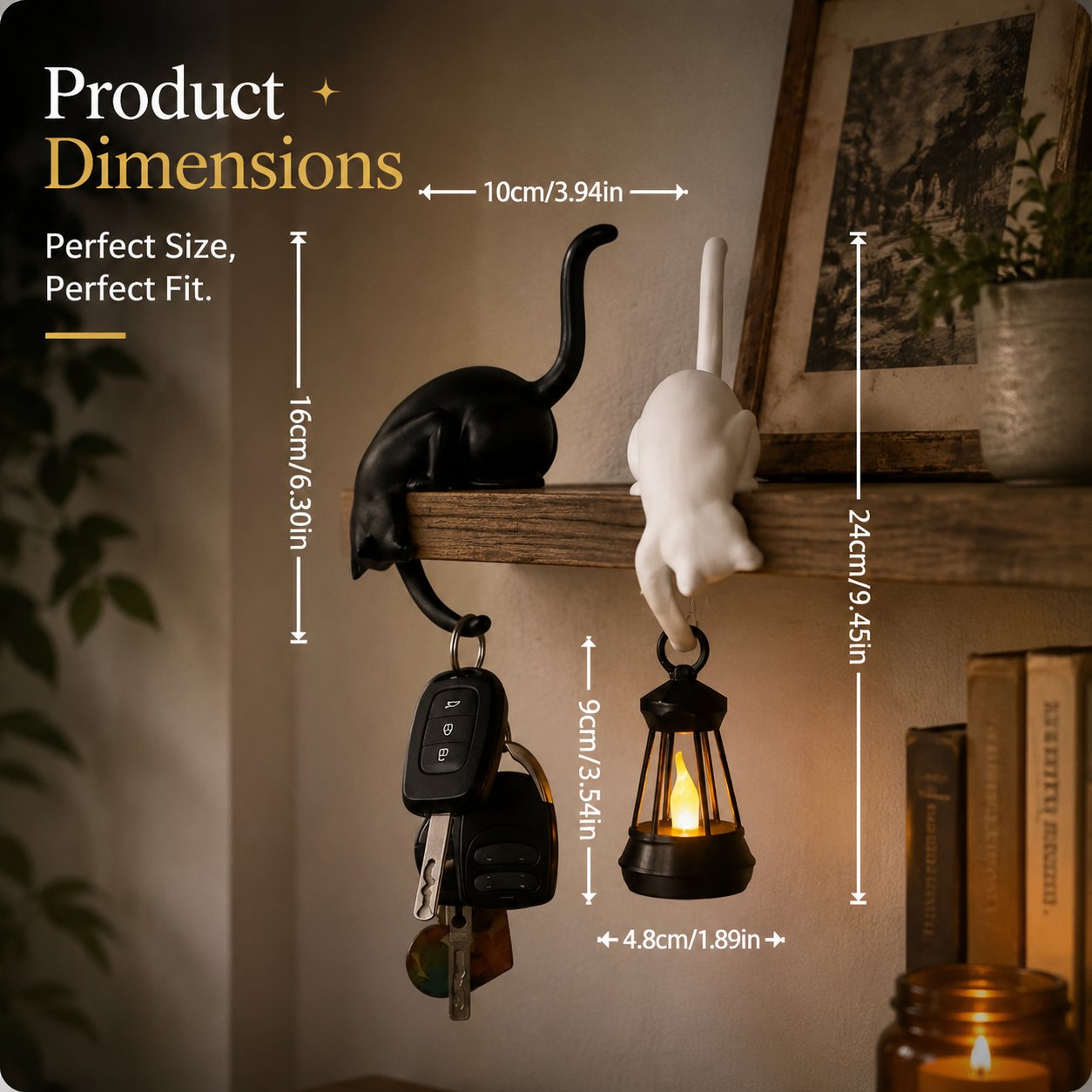 🐈‍Whimsical Cat Shelf Sitter with LED Lantern – Cute Bookshelf Decor & Handy Key Hook