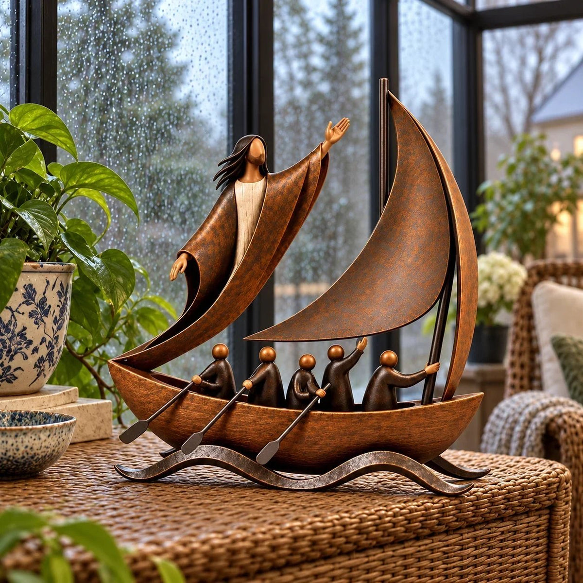 ⏳ Last Day 49% OFF – ⛵ Faith-Inspired Sailing Boat Sculpture | Bronze-Tone Décor with Symbolic Figures & Timeless Detail ✨