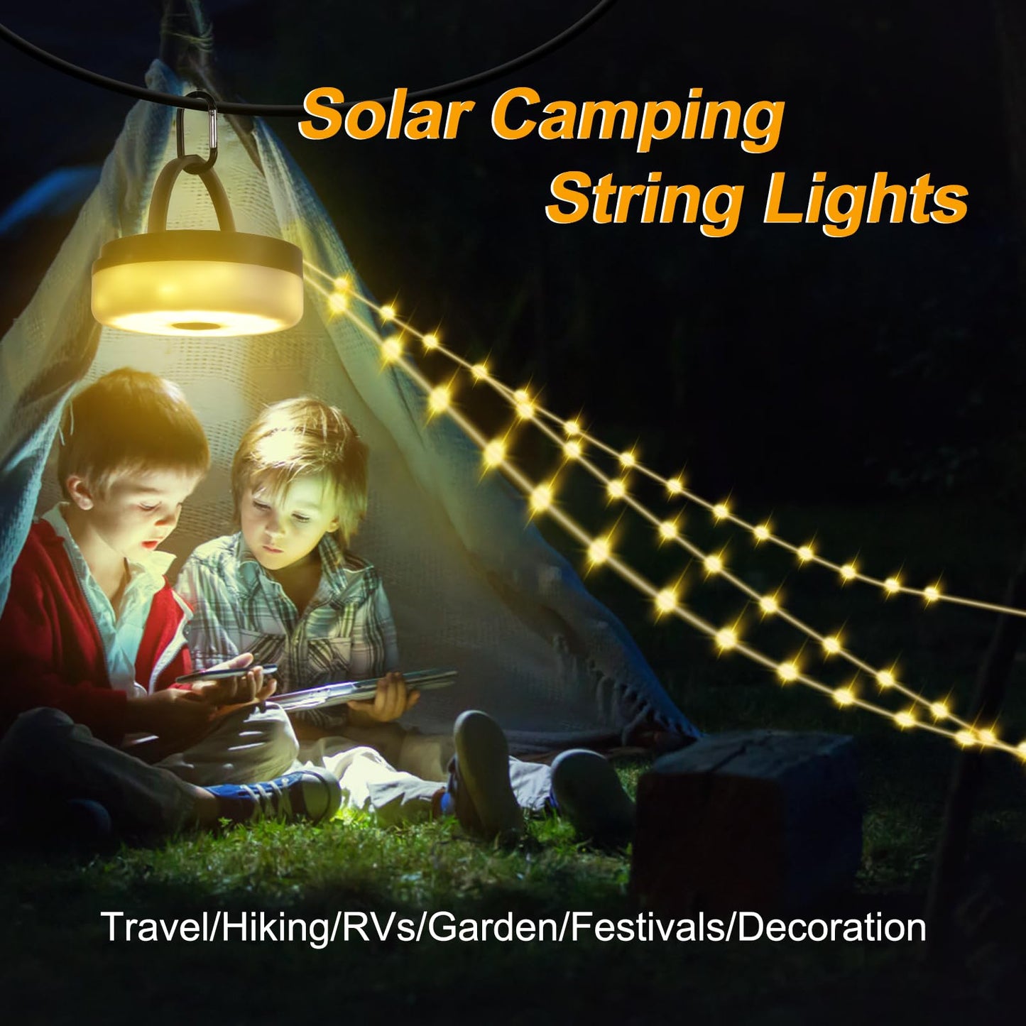 4-in-1 Solar Camping String Lights – 42.6 Feet of Glow, 160 LED Bulbs, Solar or USB Rechargeable, Remote-Controlled, and Ready for Camping, Hiking, or Just Making Your Tent Look Awesome!