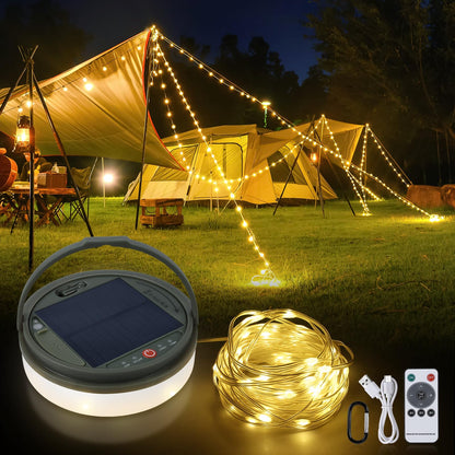 4-in-1 Solar Camping String Lights – 42.6 Feet of Glow, 160 LED Bulbs, Solar or USB Rechargeable, Remote-Controlled, and Ready for Camping, Hiking, or Just Making Your Tent Look Awesome!