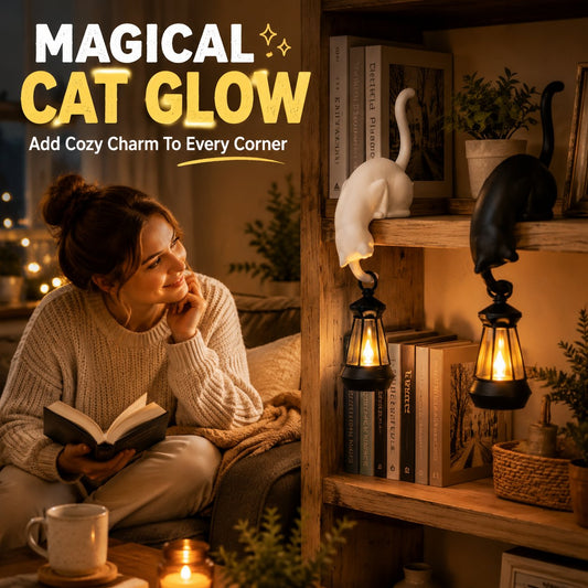 🐈‍Whimsical Cat Shelf Sitter with LED Lantern – Cute Bookshelf Decor & Handy Key Hook