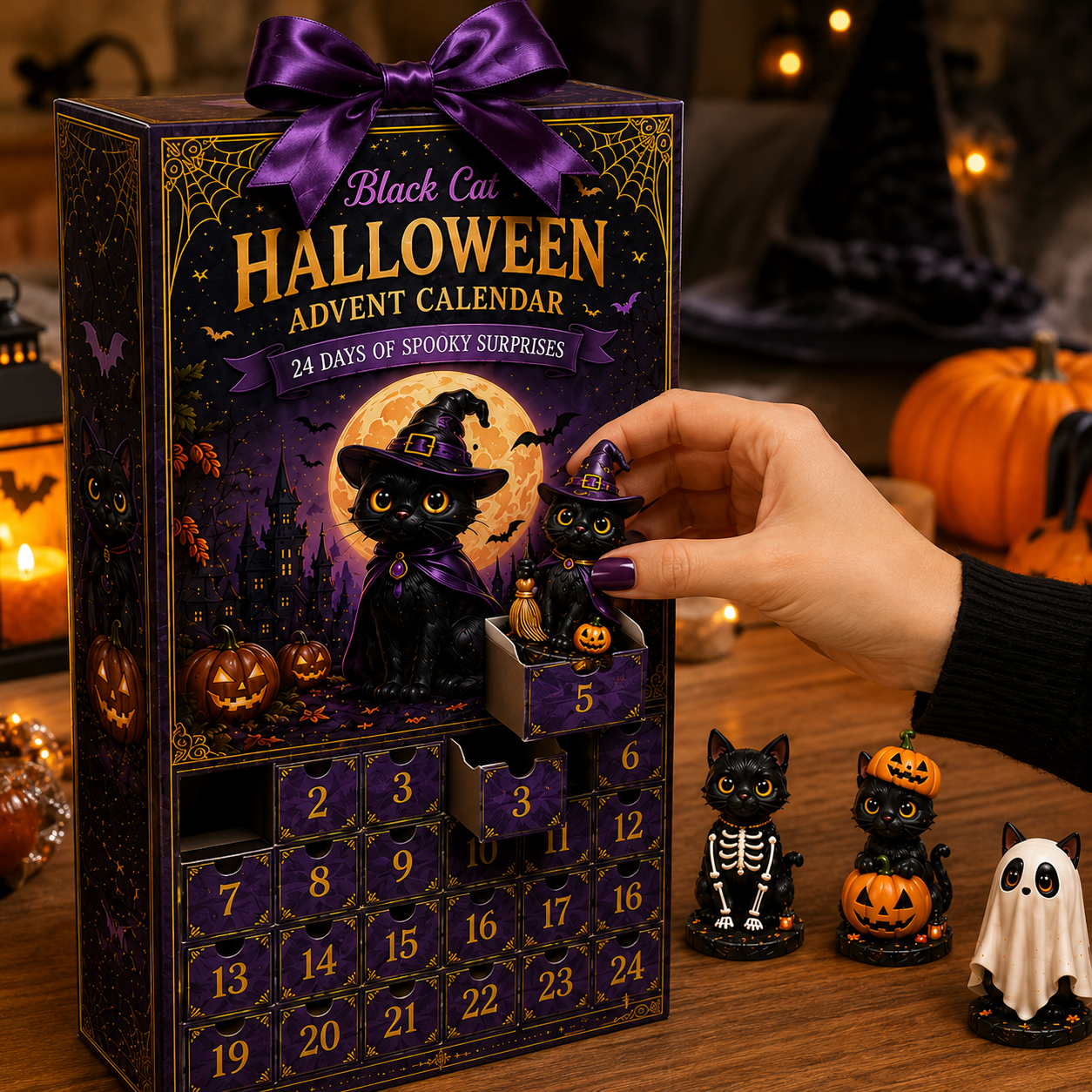 🔥Last 30 pcs✨⏰ Limited anniversary edition✨24-Day Christmas Countdown Advent Calendar –Halloween black cat Ornament