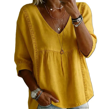Women's Chic Loose-Fit V-Neck Lace Blouse, 3/4-Length Puff Sleeves, Side Lace Cut-Out Details👚
