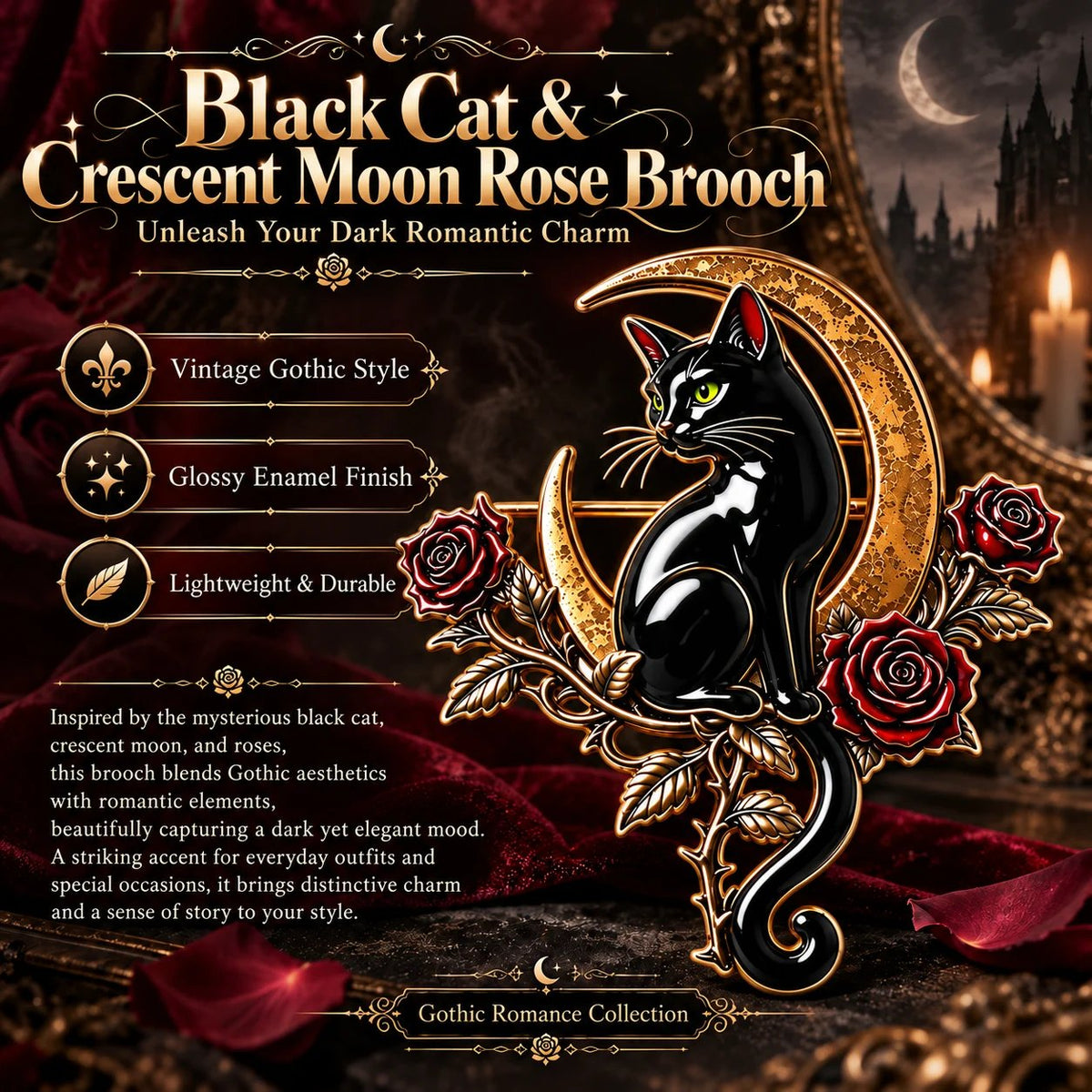 🐈‍⬛ Black Cat Crescent Moon Brooch--Wear a Little Midnight Magic🌙