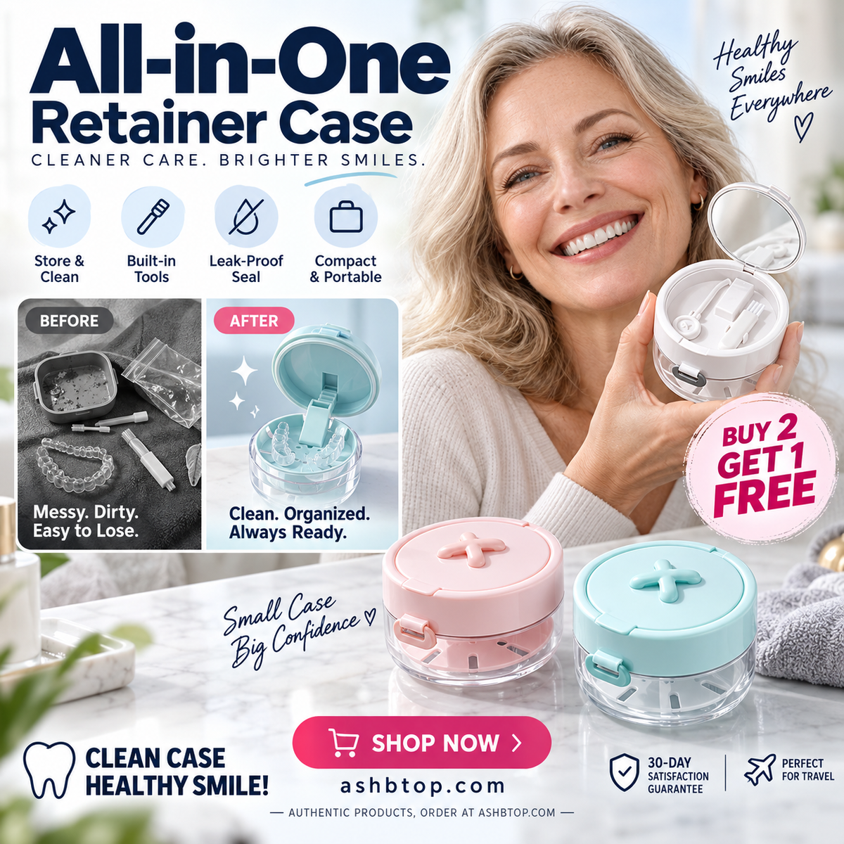 🔥Last Day Special Price $19.99!✨50K+ SOLD!🦷All-in-One Retainer Storage Case — Soaking Compartment, Built-in Mirror & Cleaning Tools