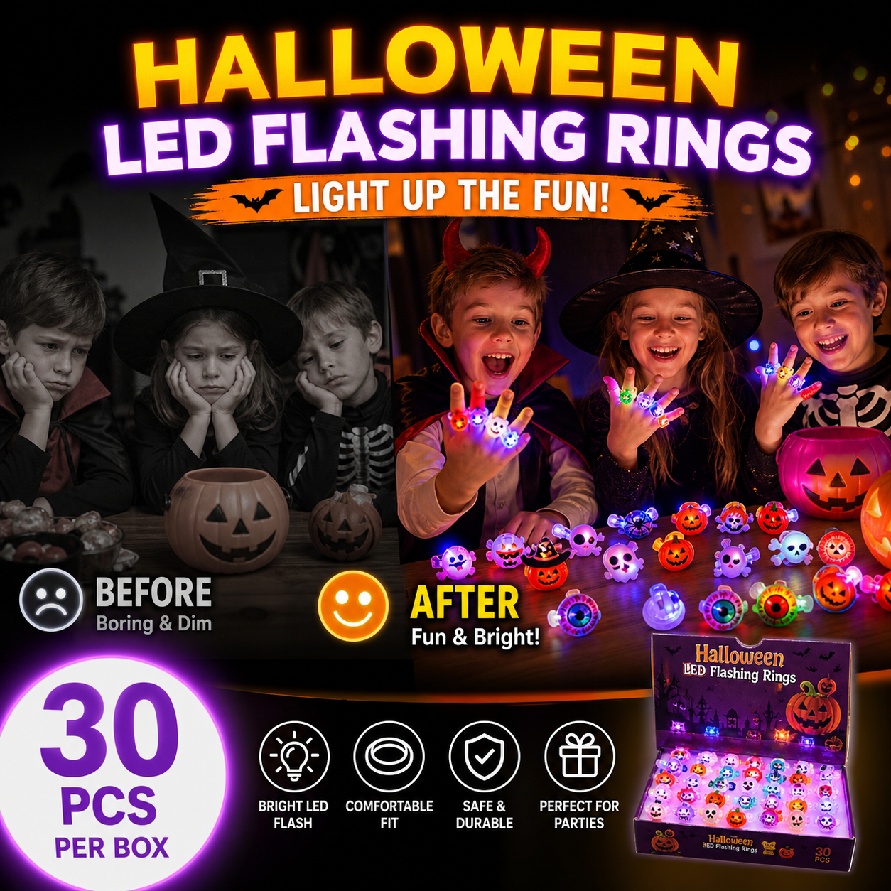 🎃50 Pieces Each Box‼️✨LED Light Halloween Glowing Ring 💍| Flashing Light‑Up Party Favor for Halloween Night👻