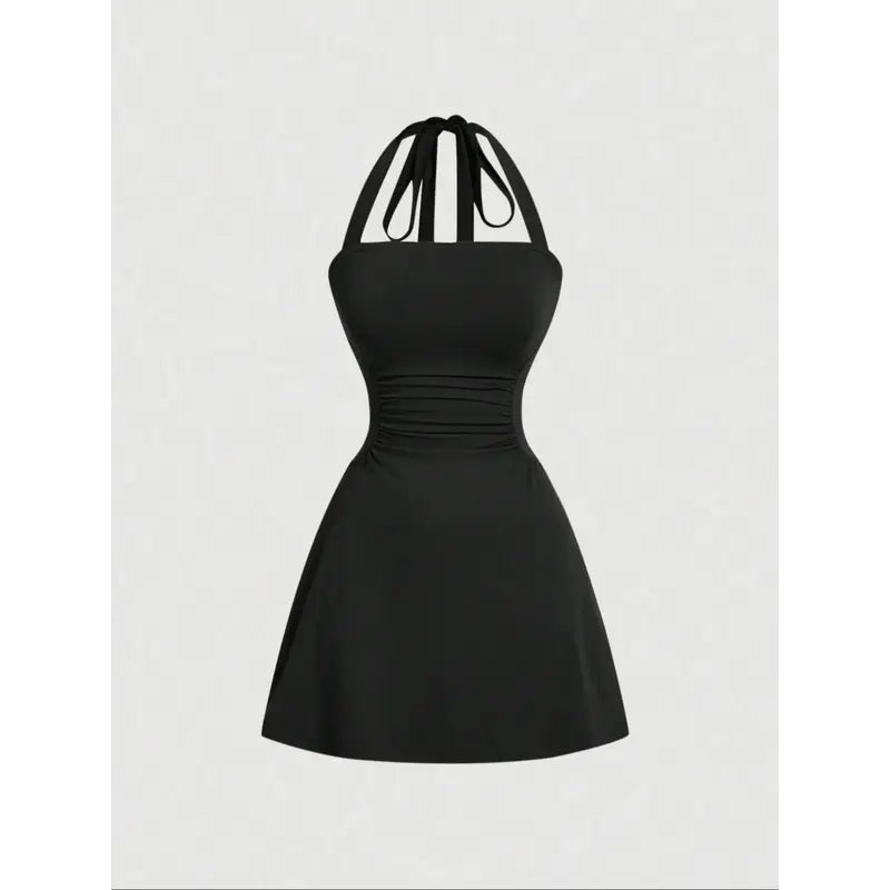 Women's Plain Ruched Tie Back Halter Neck Dress💃