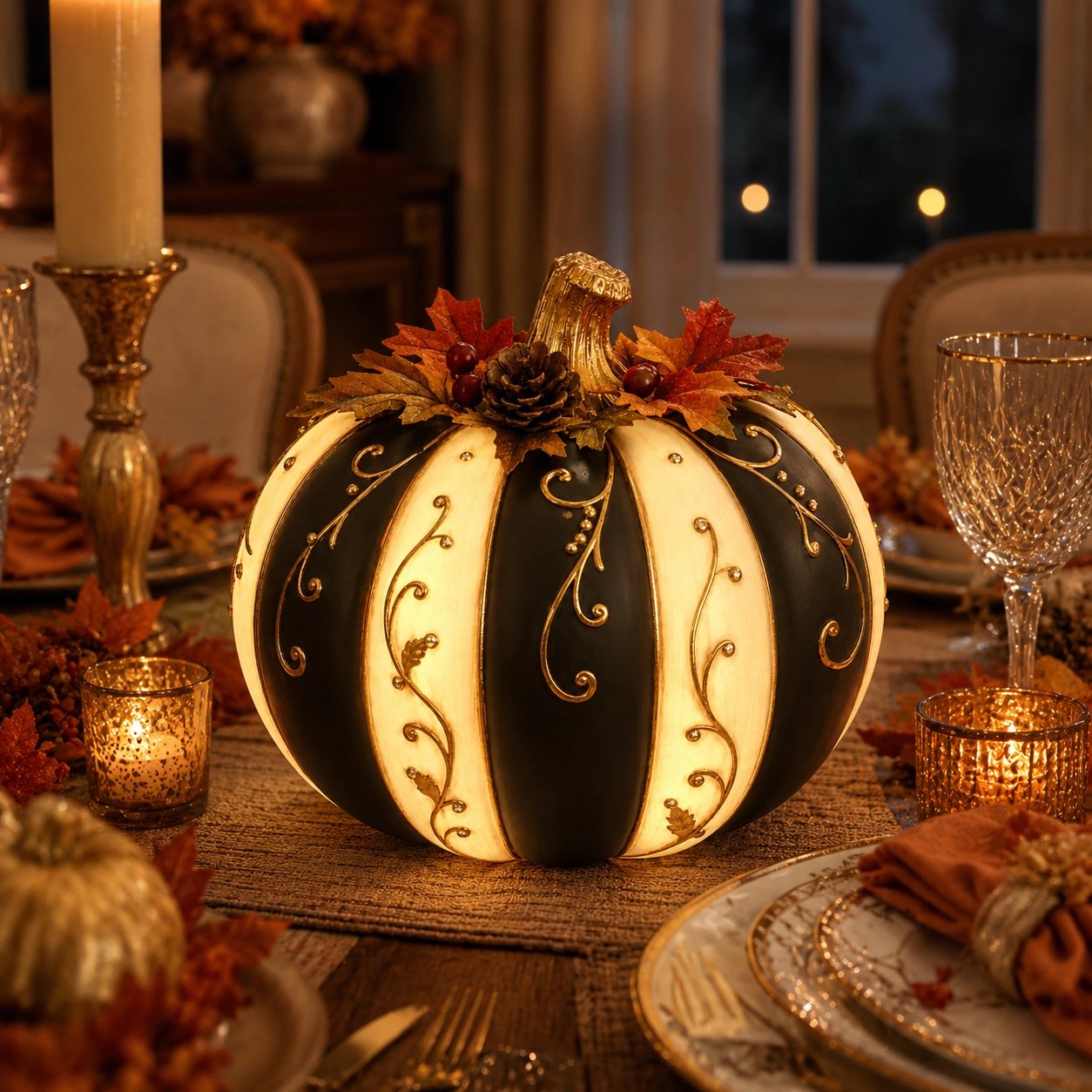 🔥HOT SALE - 🎃Lighted Black & Ivory Pumpkin Decor with Remote