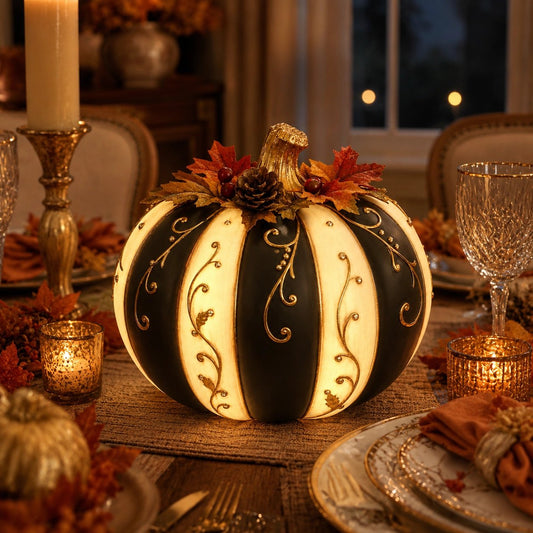 🔥HOT SALE - 🎃Lighted Black & Ivory Pumpkin Decor with Remote