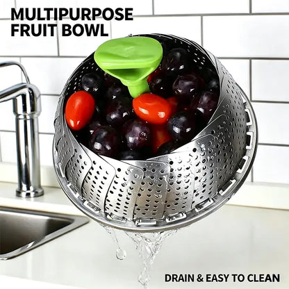 Stainless Steel Folding Vegetable Steamer Basket with Extendable Handle for Pots