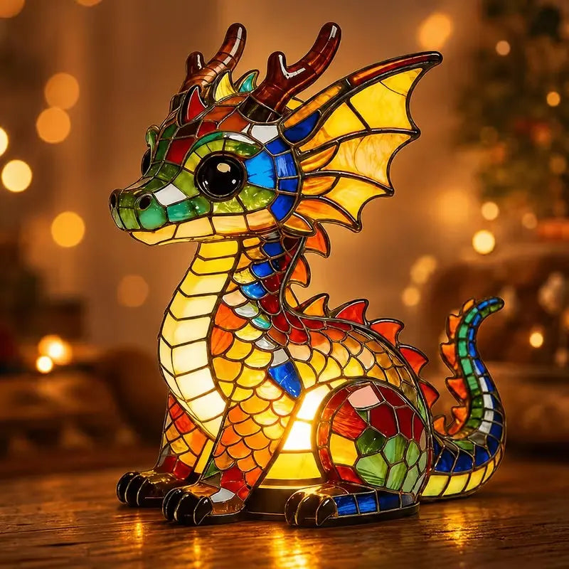 Lucky Dragon LED Night Light – Colorful Stained Glass-Style Resin Lamp, USB-Powered Fantasy Decor & Gift