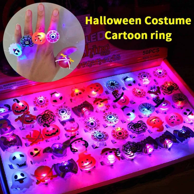 🎃50 Pieces Each Box‼️✨LED Light Halloween Glowing Ring 💍| Flashing Light‑Up Party Favor for Halloween Night👻