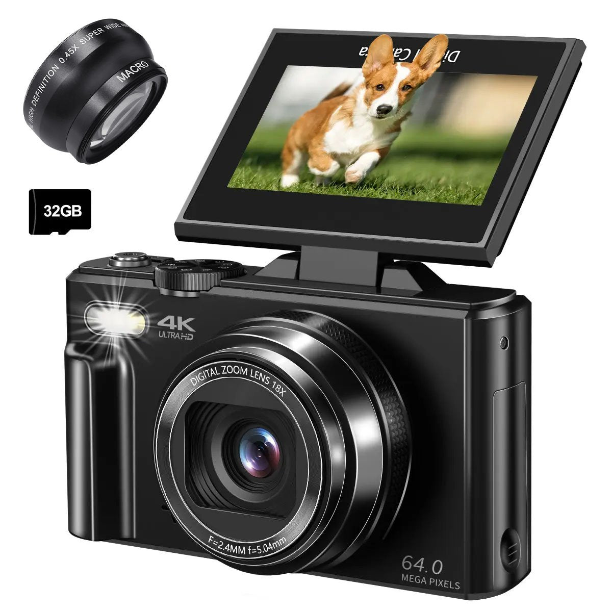 WIKICO 4K Digital Camera, 64MP Photography Camera with 180 Degree Flip Screen and 18X Zoom