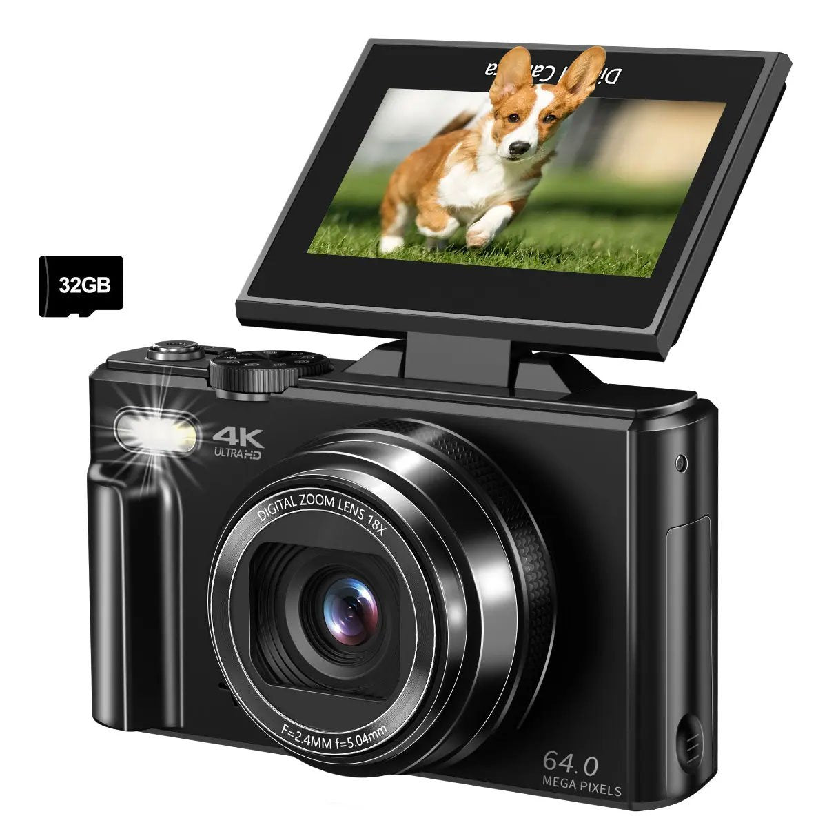 WIKICO 4K Digital Camera, 64MP Photography Camera with 180 Degree Flip Screen and 18X Zoom