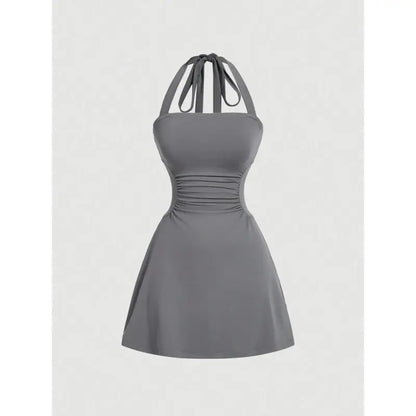 Women's Plain Ruched Tie Back Halter Neck Dress💃