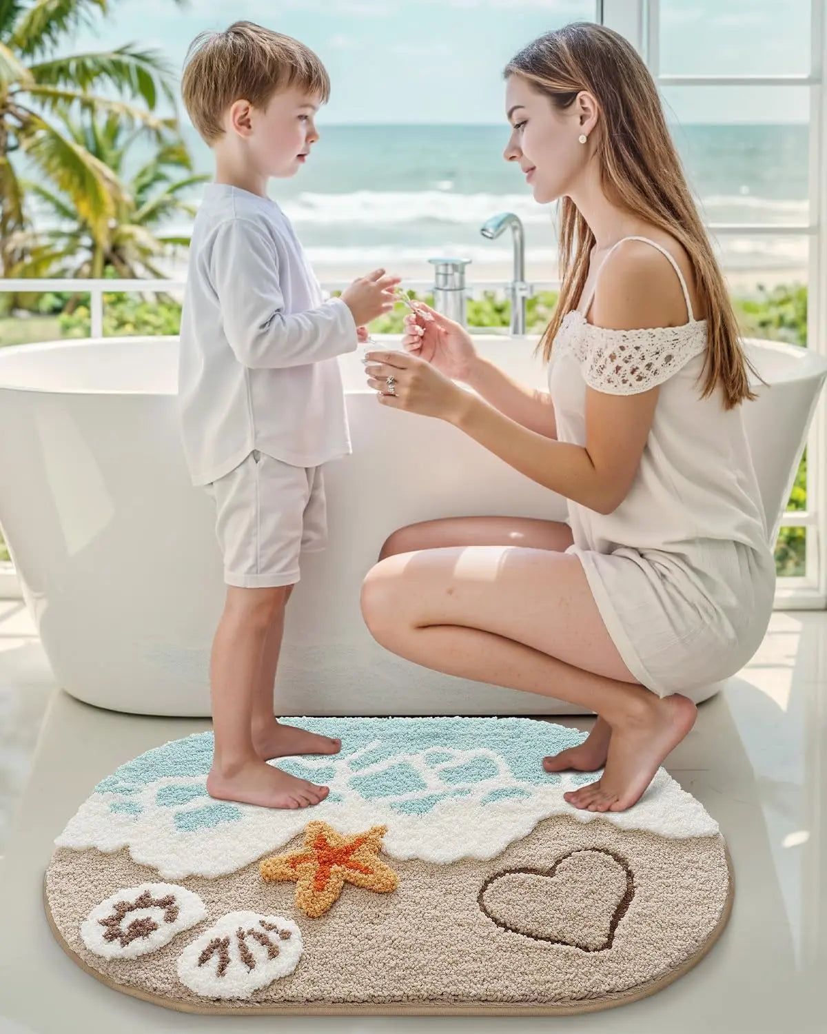 Coastal Beach Bathroom Rug – Soft Absorbent Non-Slip Bath Mat with Starfish & Seashell Design