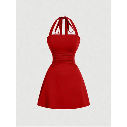 Women's Plain Ruched Tie Back Halter Neck Dress💃