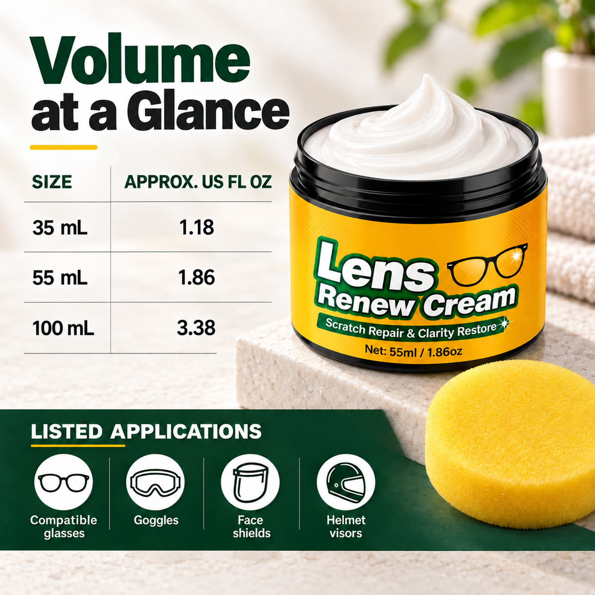 Lens Scratch Repair Cream Set with Sponge for Glasses Goggles Face Shields and Helmet Visors