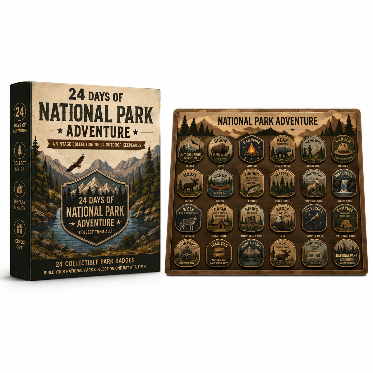 National Park Adventure Advent Calendar 🦅 24 Vintage Collectible Badges Christmas Countdown Gift for Outdoor Lovers