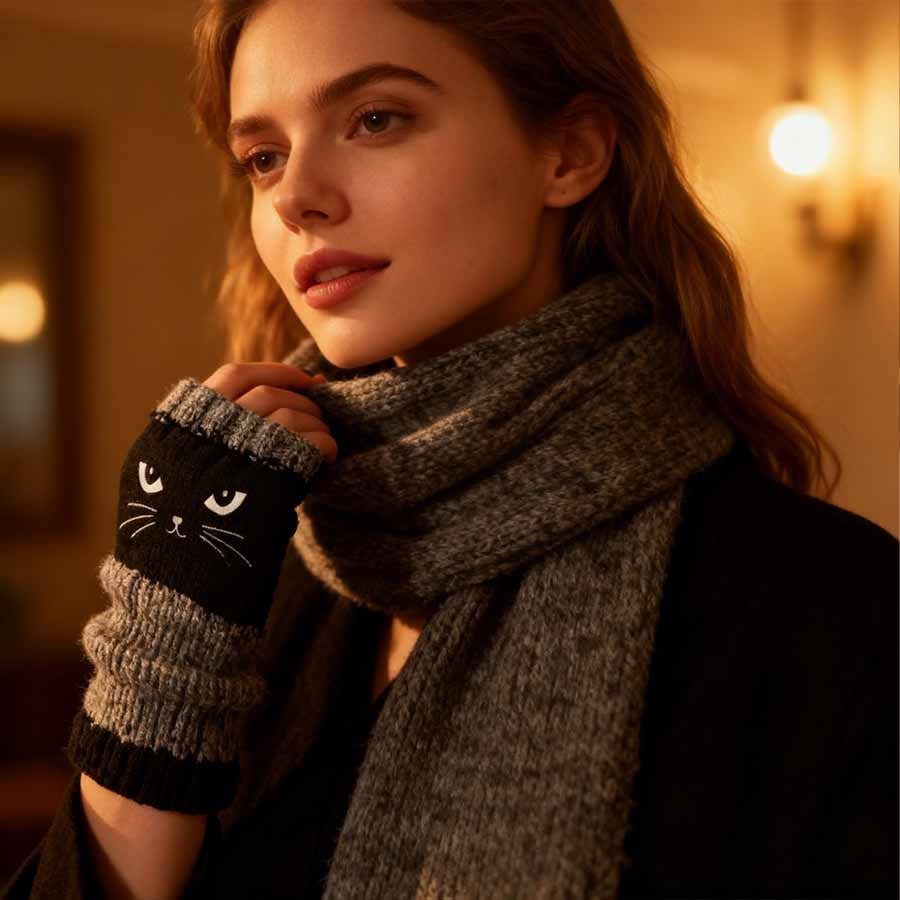 🐱 Cute Women’s Knitted Cat Gloves — For Warm Hands & Free Fingers