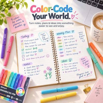 9-Color Erasable Gel Pens Set – Quick-Dry 0.6mm Pens with Built-In Eraser