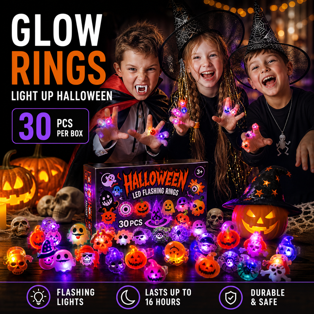 🎃50 Pieces Each Box‼️✨LED Light Halloween Glowing Ring 💍| Flashing Light‑Up Party Favor for Halloween Night👻