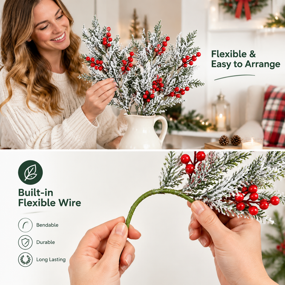 6 Pcs Artificial Frosted Christmas Pine-Cedar Stems with Red Berries, Snowy Evergreen Picks 💐