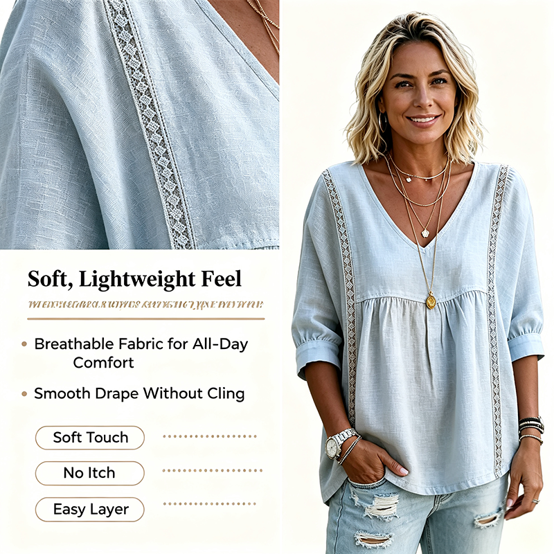 Women's Chic Loose-Fit V-Neck Lace Blouse, 3/4-Length Puff Sleeves, Side Lace Cut-Out Details👚