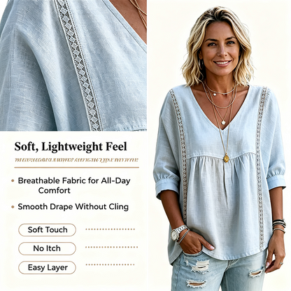 Women's Chic Loose-Fit V-Neck Lace Blouse, 3/4-Length Puff Sleeves, Side Lace Cut-Out Details👚