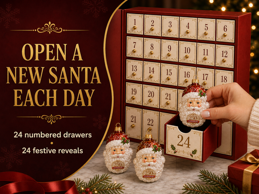 Red Christmas countdown presentation box with 24 ornament compartments